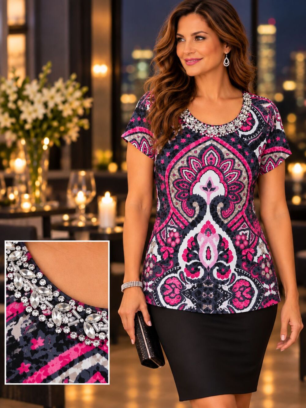 INC International Concepts Womens XL Embellished Paisley Rhinestone Short Sleeve